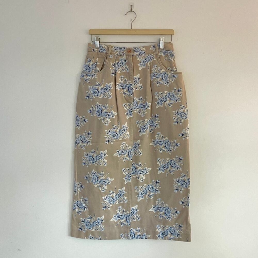 Talbots – Vintage Gray + Blue Floral Cotton Maxi Skirt